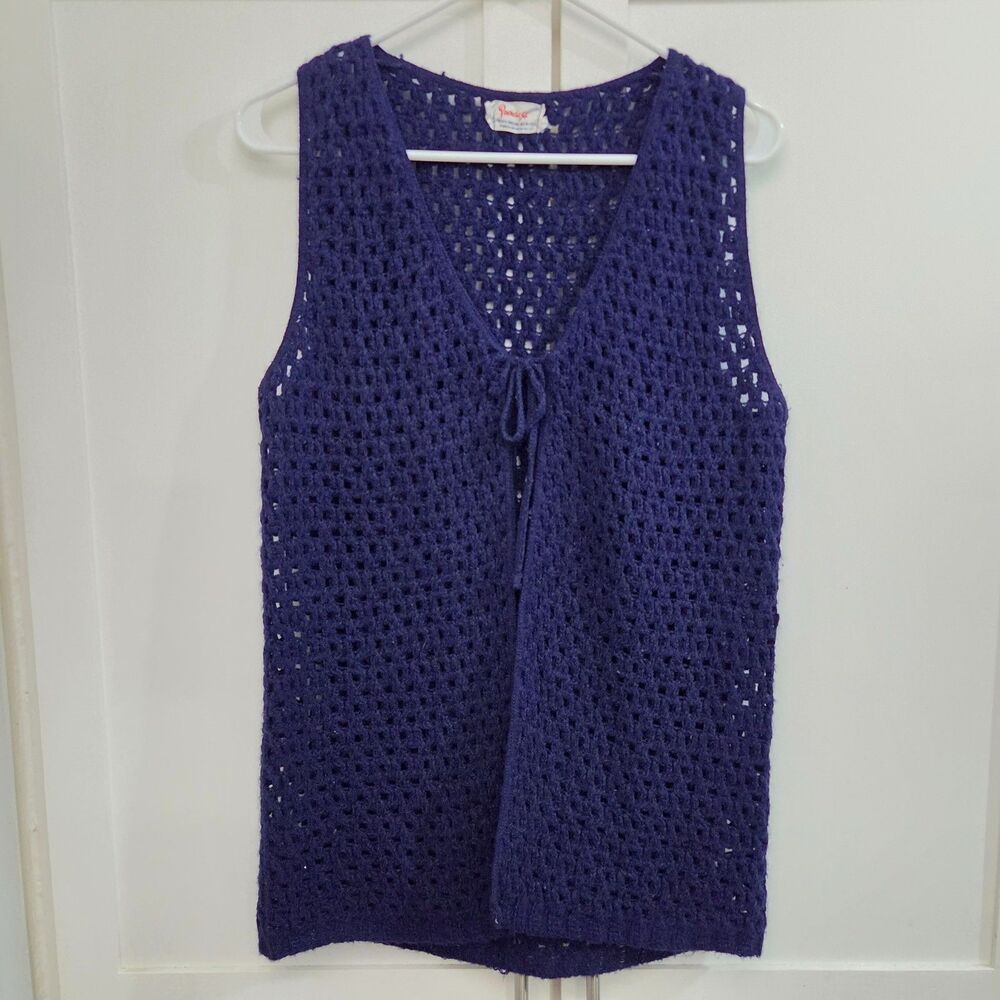 Vintage 70s Crochet Vest Navy Blue Boho Handmade Granny Festival Hippie Peasant